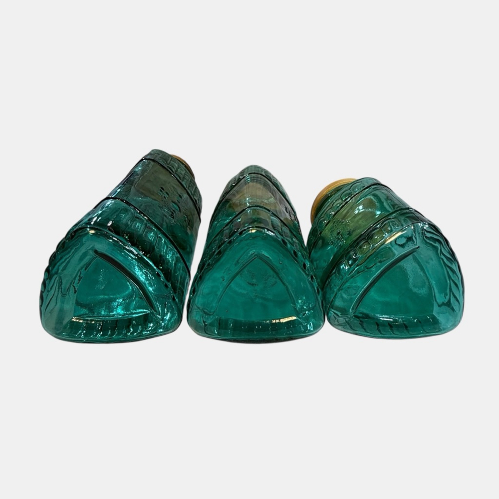 Vintage Turquoise Triangle Shaped Set Of Three Canister Set With Embossed Design - Picture 3 of 10